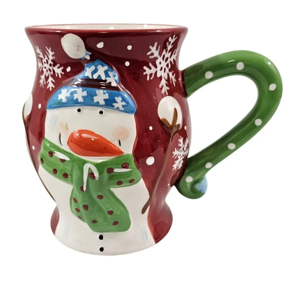 Pier 1 Imports JOLLY HOLIDAY SNOWMAN Large Red 20 Oz Dolomite Christmas Mug Cup